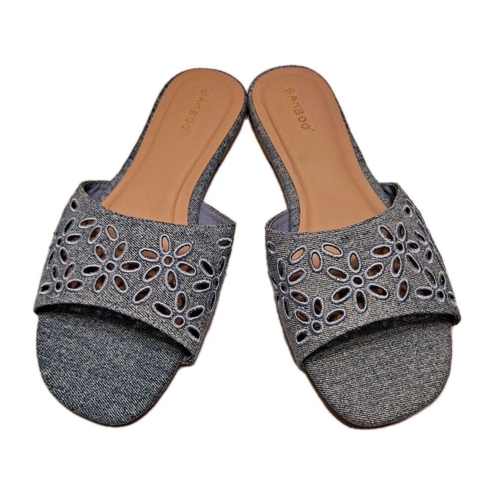 Bamboo Women's Denim Slide Sandals Size 8.5 Blue Floral Embroidered Perforated